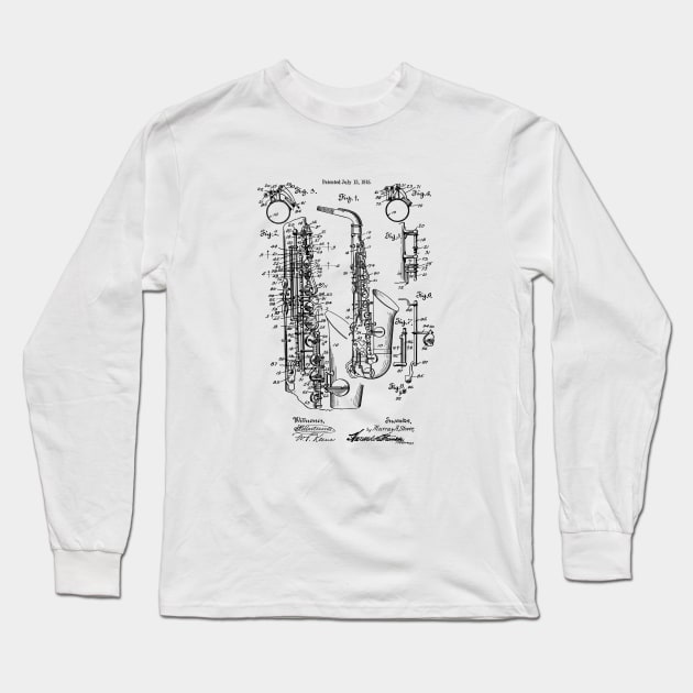 Vintage Jazz Saxophone 1915 Patent Image Long Sleeve T-Shirt by MadebyDesign